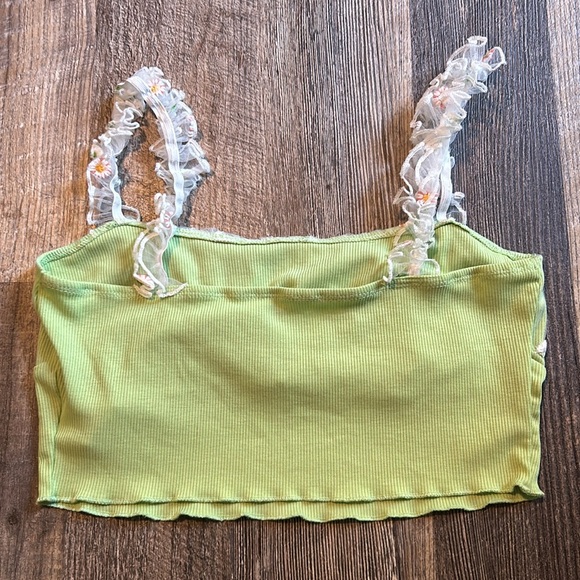 SHEIN MOD Floral Embroidery Ruched Crop Top Size Medium Green Lace Overlay - Picture 11 of 11